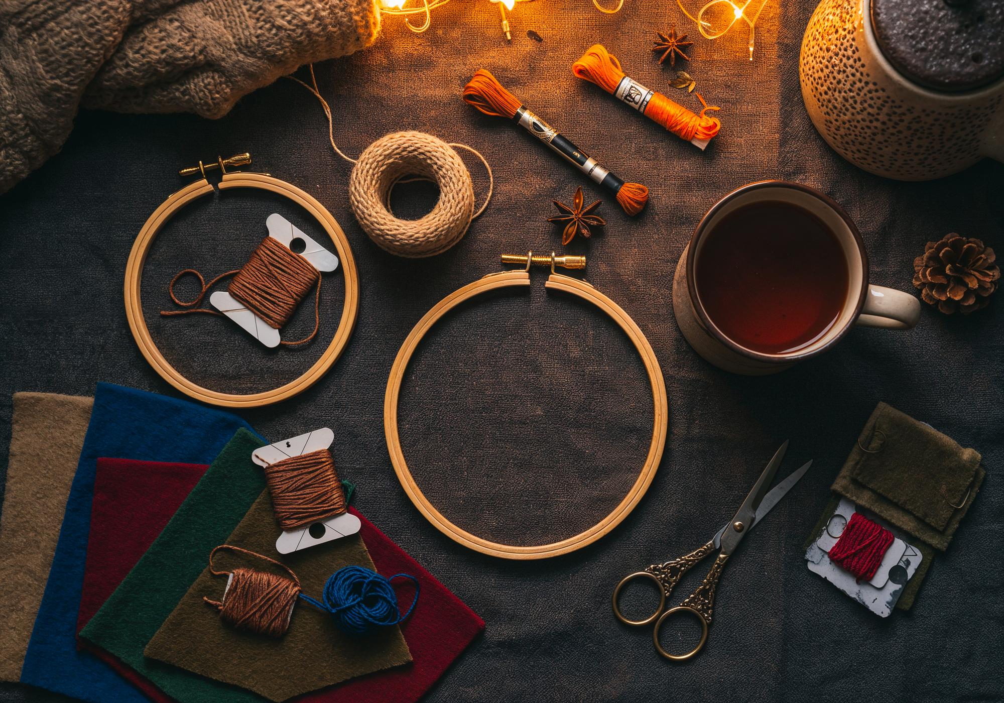 Studio workspace with embroidery hoop and tools