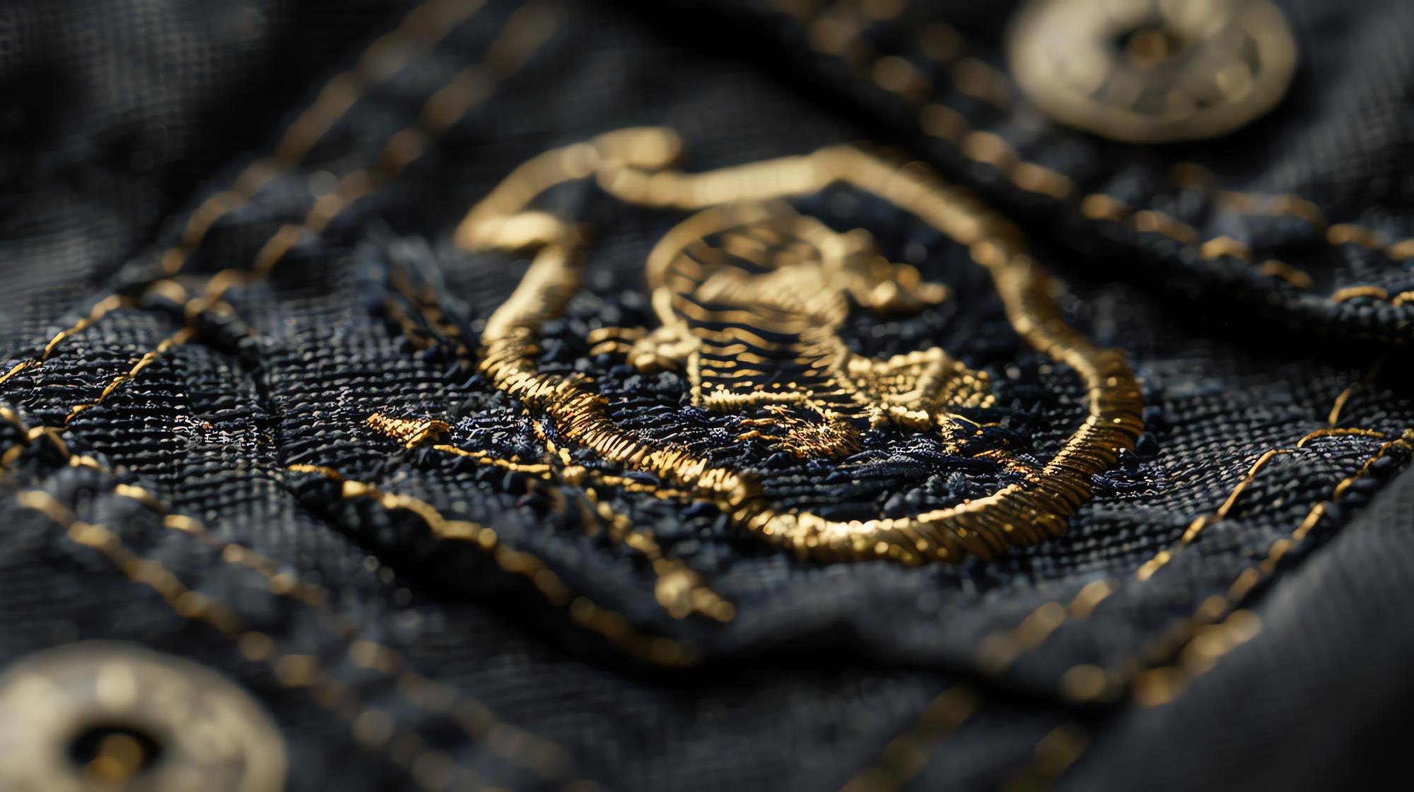 Gold thread monogram on velvet pouch