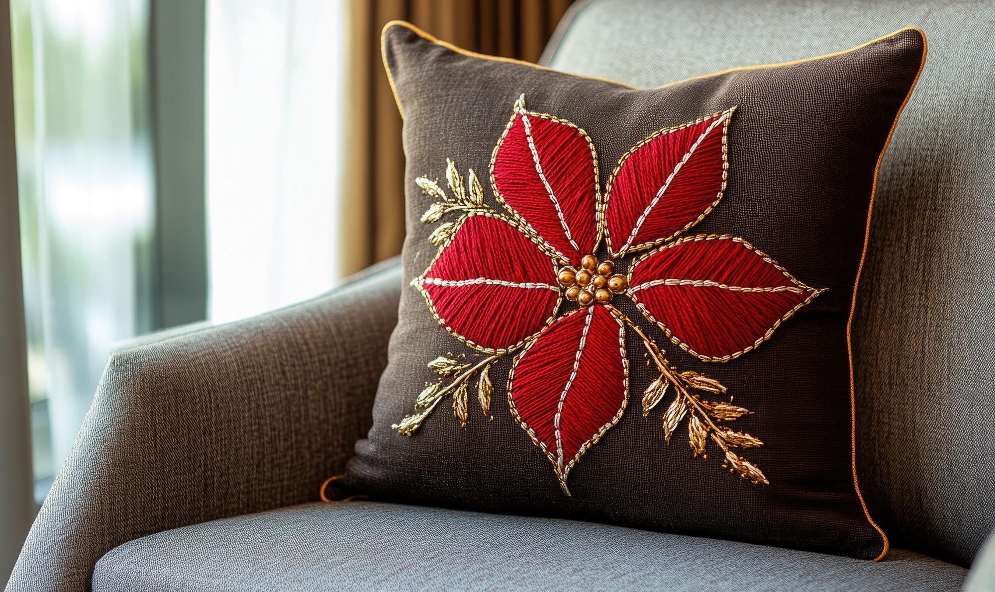 Decorative embroidered pillow with metallic stitch